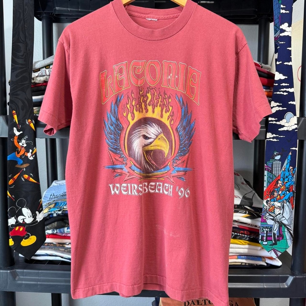 Vintage 90s Red Laconia Weirs Beach Eagle Graphic T Shirt Large Light Marks